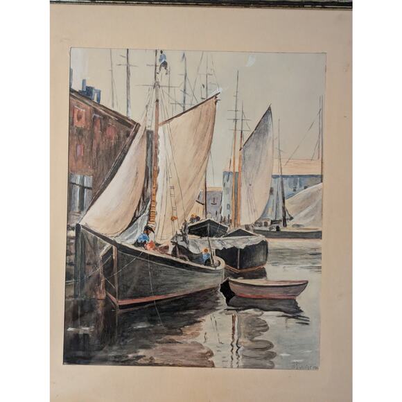 Water Color Painting -Boats in Harbor -Art